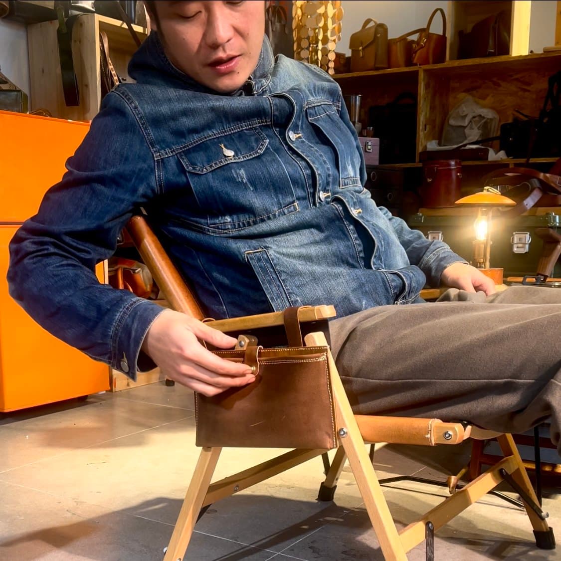 アウトドアチェア 本革収納ポケット付き木製折りたたみ椅子