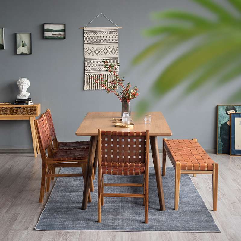 アウトドアチェア 編み込みレザーウッドベンチ